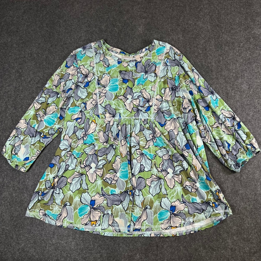 LOGO Lori Goldstein Floral Empire Waist Tunic Top Green Blue XL Boho Colorful